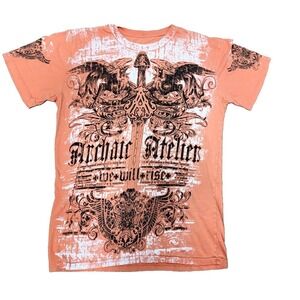 Archaic by Affliction Mens T-Shirt L Orange Parallel Wings Sword Cross Biker Y2K